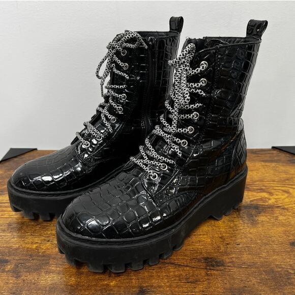 Nasty Gal Shoes - Nasty Gal Black Croc Embossed Patent Lug Sole Hiker Boots 7
